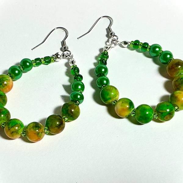 Beaded Hoop Earrings Green & Yellow
