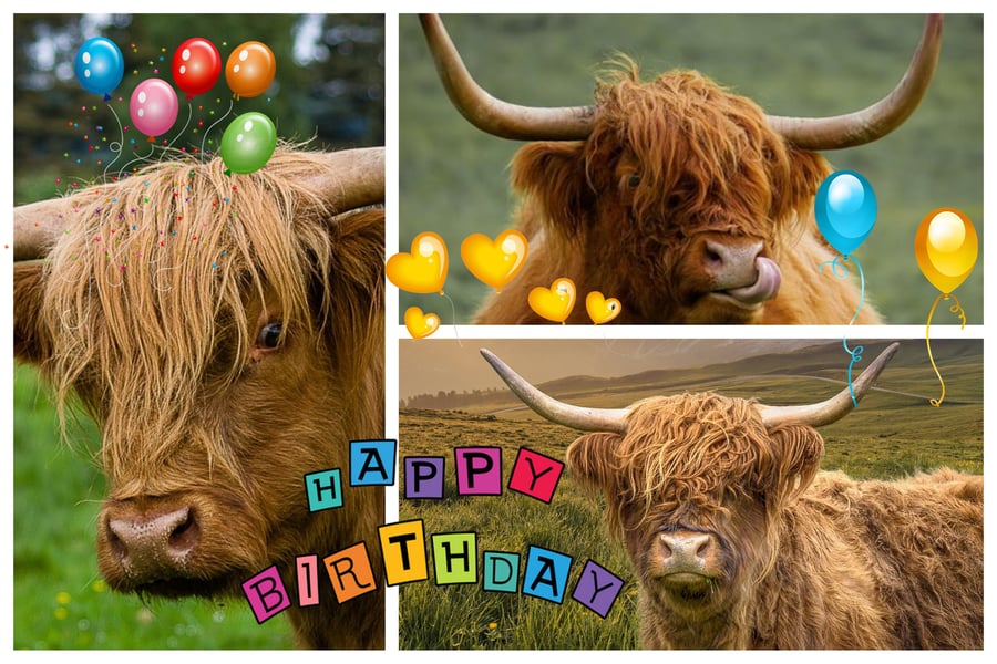 Happy Birthday Highland Cows Card A5