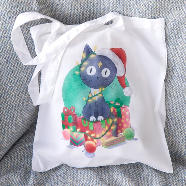 Christmas Santa Cat Tote Bag 