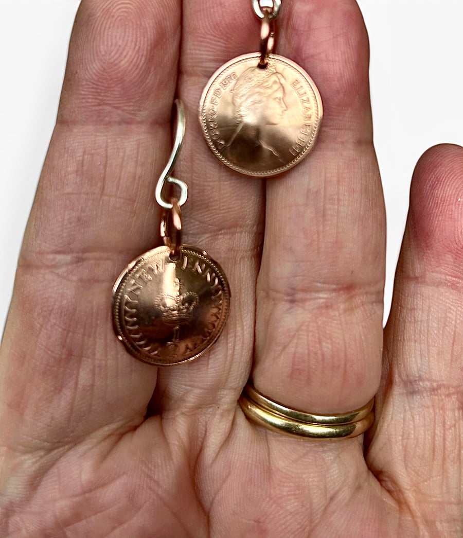 Earrings - Half Pence 1976 - 50th Birthday, Sterling Silver Ear Wires FREEPOST