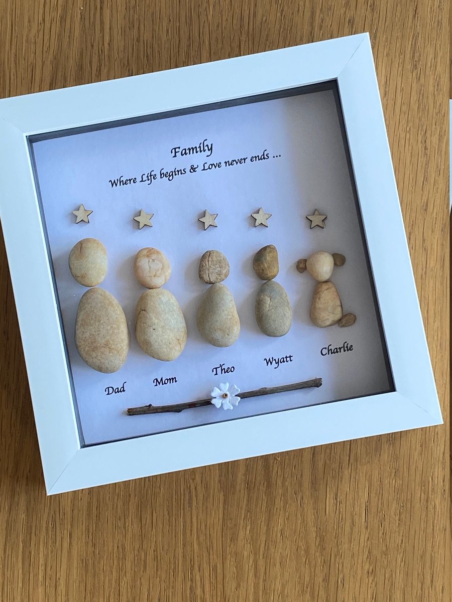 Family Pebble Artwork Frame, Family Gift, Personalised Box Frames, Father's Day 