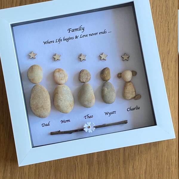 Family Pebble Artwork Frame, Family Gift, Personalised Box Frames, Father's Day 