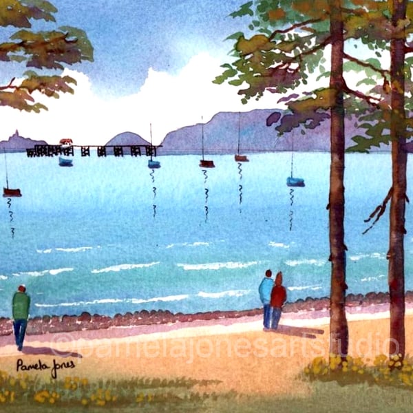 Walk To Mumbles, Swansea Bay, Wales, Watercolour Print in 9 x 7 '' Mount