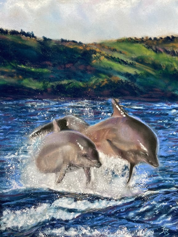 Top quality giclee print of 'Keeping Up with Mum' a dolphin painting by artist J