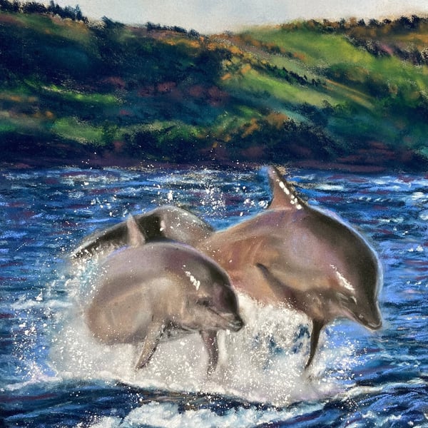 Top quality giclee print of 'Keeping Up with Mum' a dolphin painting by artist J