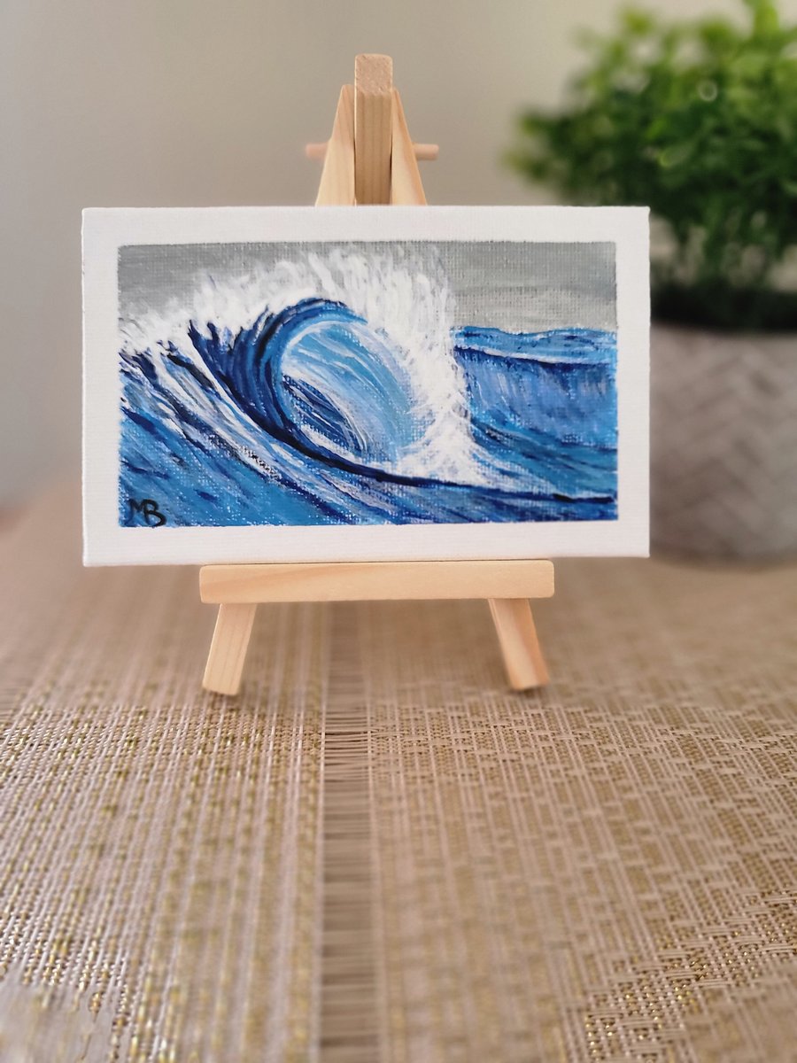 Original acrylic mini canvas board seascape painting the wave