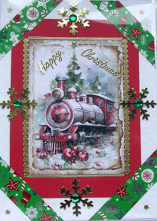 Hand Crafted Decoupage Chistmas Card - Happy Christmas (2717) Steam Train