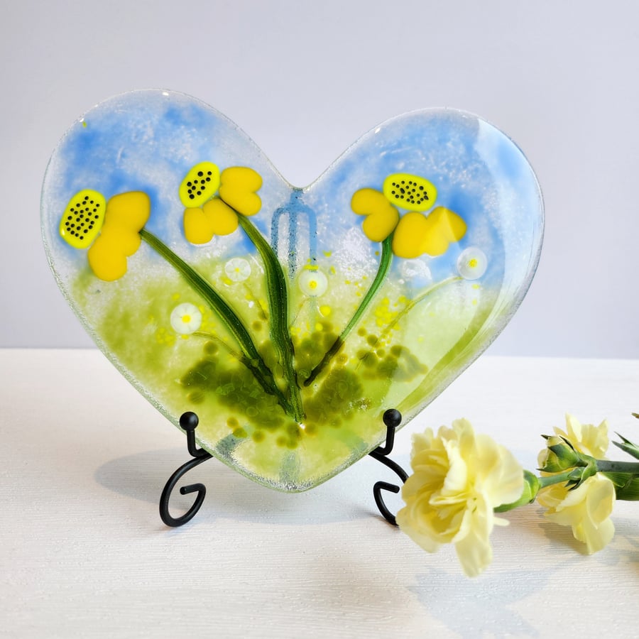 Large fused glass cast heart with black stand