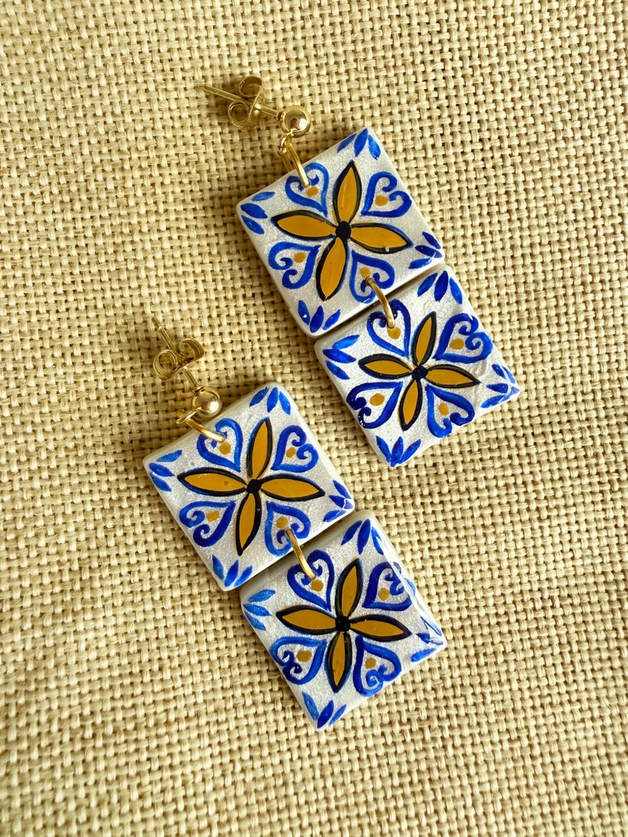 THALIA - Mediterranean Floral Tile Statement Earrings