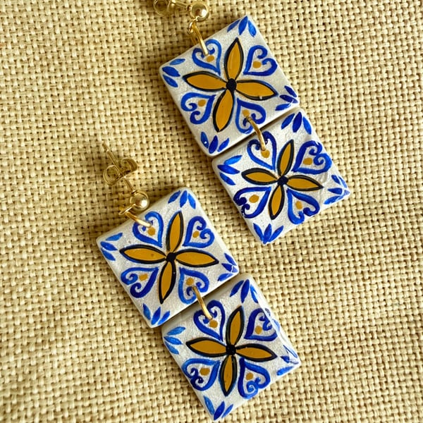 THALIA - Mediterranean Floral Tile Statement Earrings