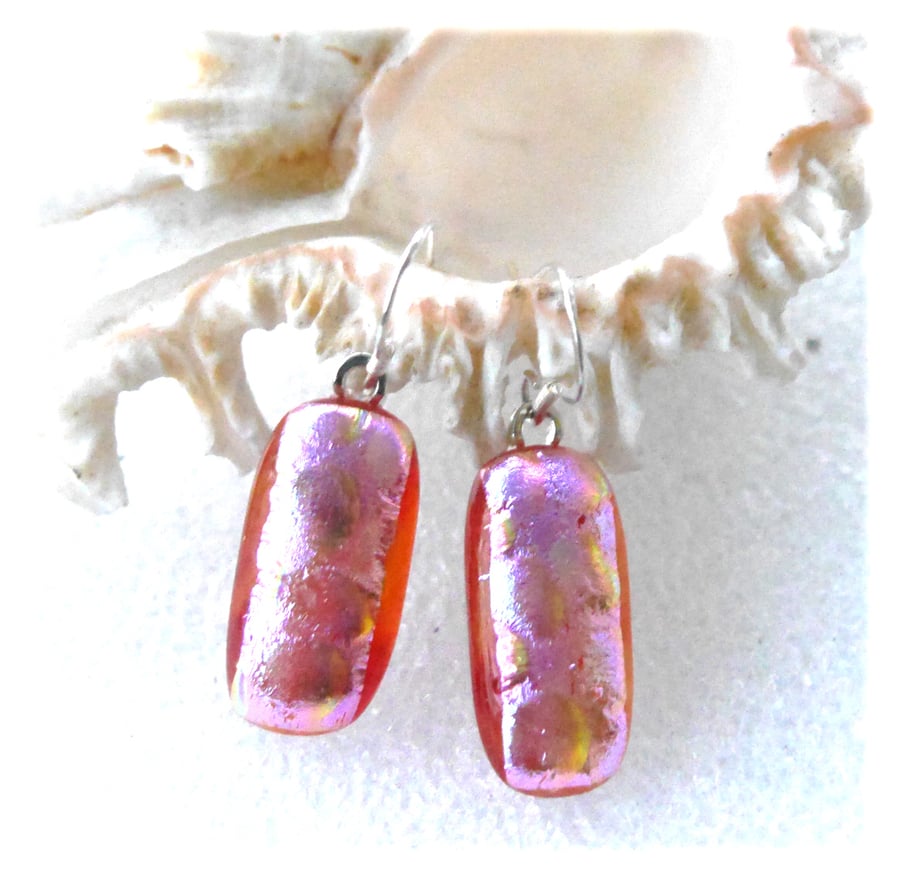 Handmade Fused Dichroic Glass Earrings 276 Amber Pink Shimmer