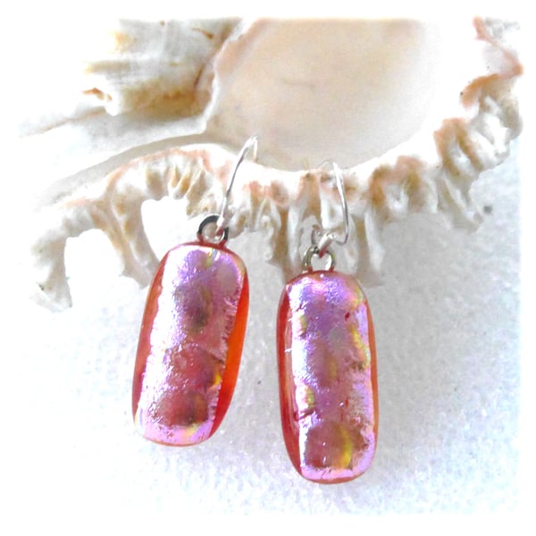Handmade Fused Dichroic Glass Earrings 276 Amber Pink Shimmer
