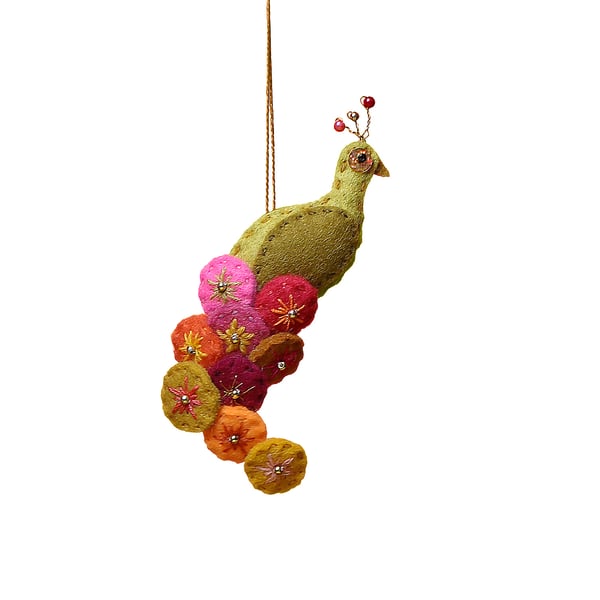 Mustard felt peacock hanging ornament with bright coloured tail