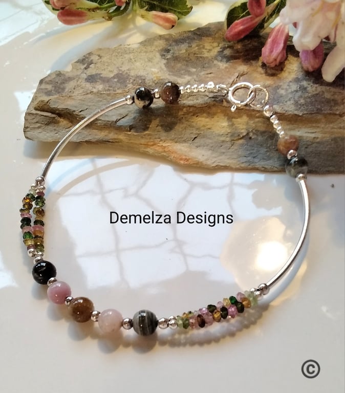 Watermelon Tourmaline Noodle Sterling Silver Bracelet