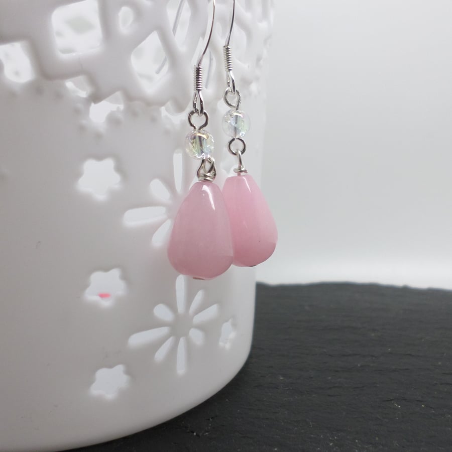 Pink coloured quartzite sterling silver dangle earrings