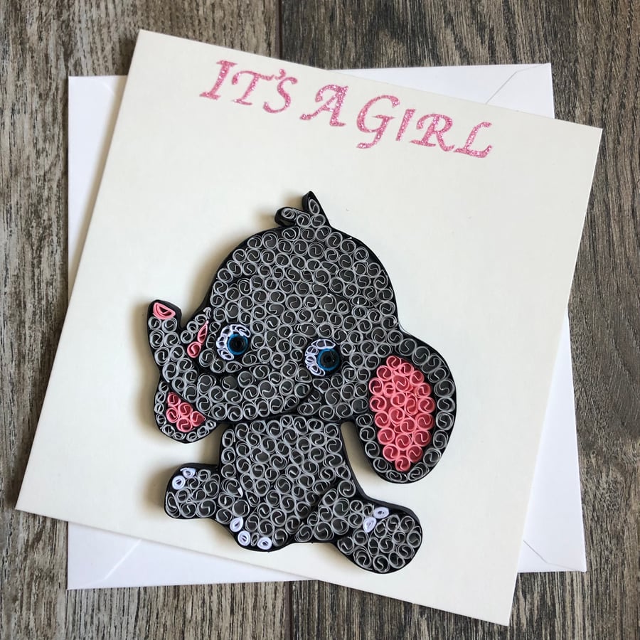Handmade quilled new baby girl card