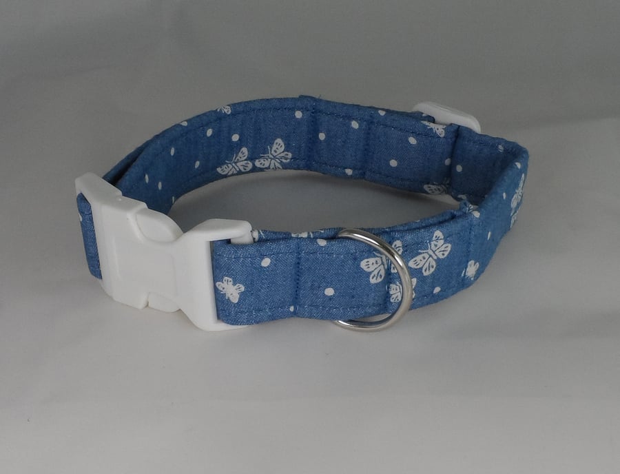 Handmade Summer Fabric Dog Collar - Denim Butterflies