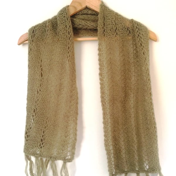 Winter lace scarf , sage green hand knit scarf