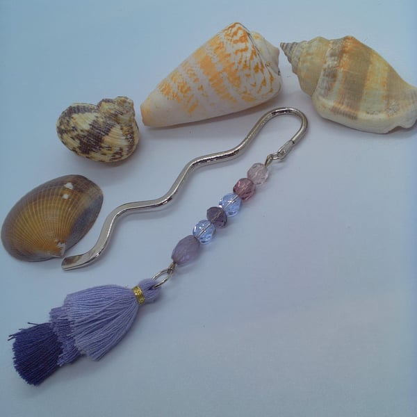 Silver Plated Bookmark with Lilac and Mauve Crystal and Purple Tassel, Bookmark