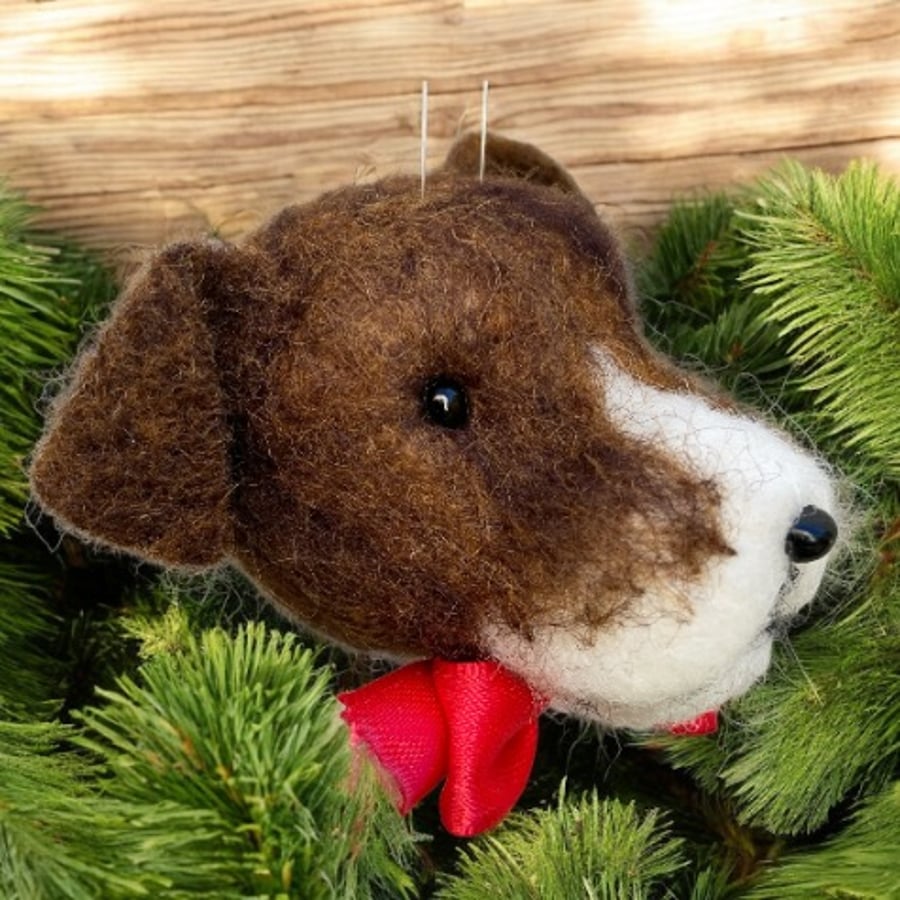 Needle felted Dog head bauble, brindled staffie, christmas decoration, pet gift