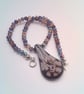 Purple Floral Patterned Glass Pendant on a Mixed Purple Crystal Necklace - Image 9
