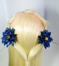 Handmade Dark Blue Ribbon Flower Hair Accessories with Amber Gem – Set of 2 - Image 7