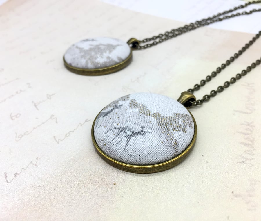 Fabric button pendant Winter scene deer snowy landscape beige antique bronze