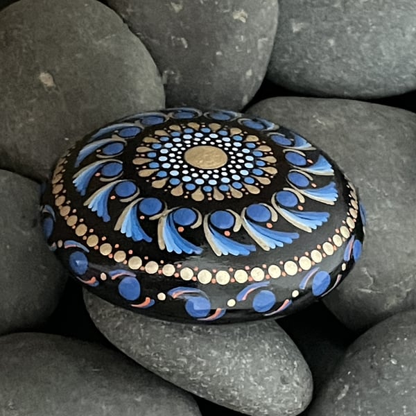 Blue Gold Mandala Painted Rock Art Stone Acrylic Painting Hand Painted Unique