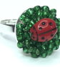 LADYBIRD GRASS RING seed beads ceramic ladybug silver plated  - Image 1