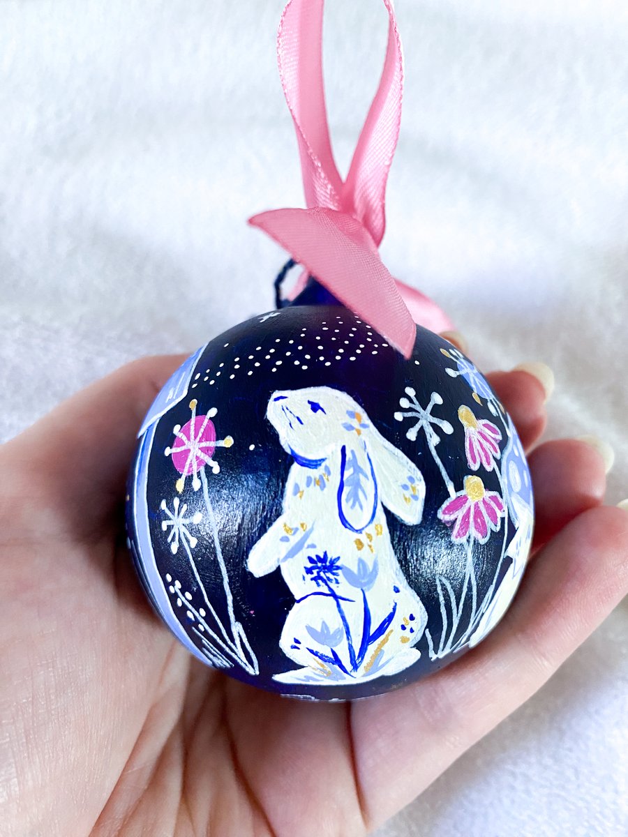 Floral Bunny Hand Painted Ceramic Bauble with Blue Toadstools