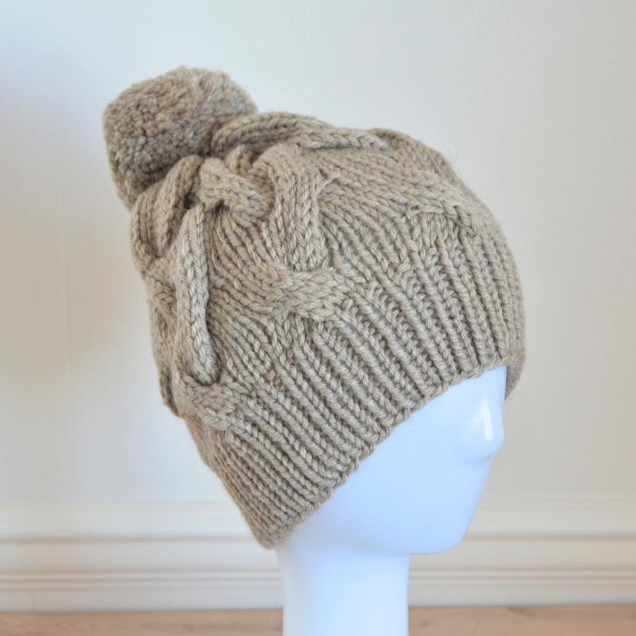 Knitted Cable Bobble Hat Alpaca Wool Mix Beige Khaki