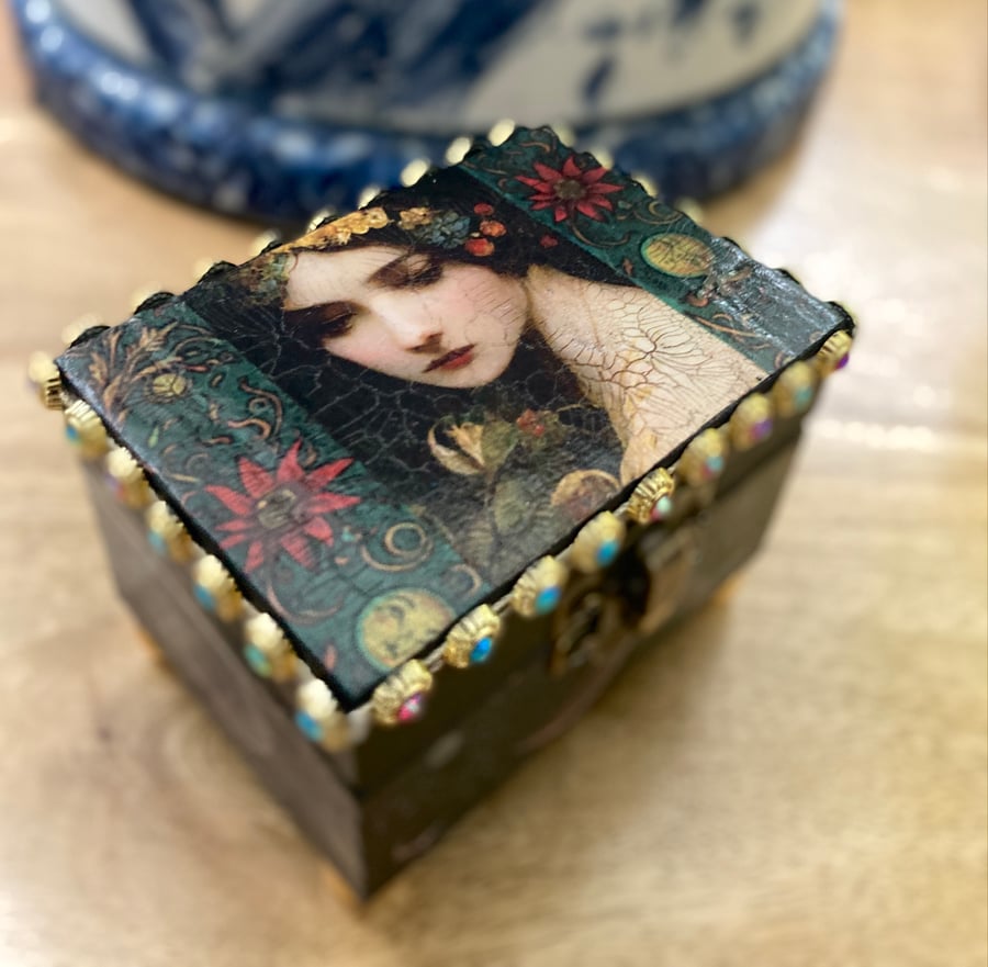 Beautiful Gothic Folk Art Jewellery Box Trinket Box Pill Box Handcrafted 