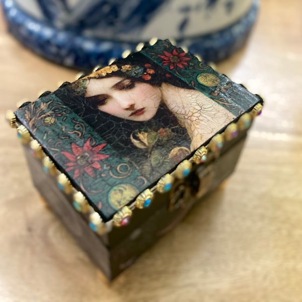 Beautiful Gothic Folk Art Jewellery Box Trinket Box Pill Box Handcrafted 