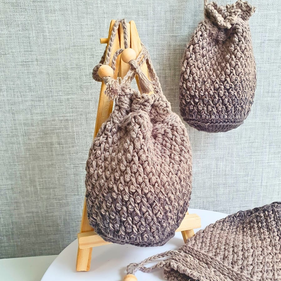 Crochet Drawstring Pouch - Favour Bag, Table Favour, Grey, Self patterned Cotton