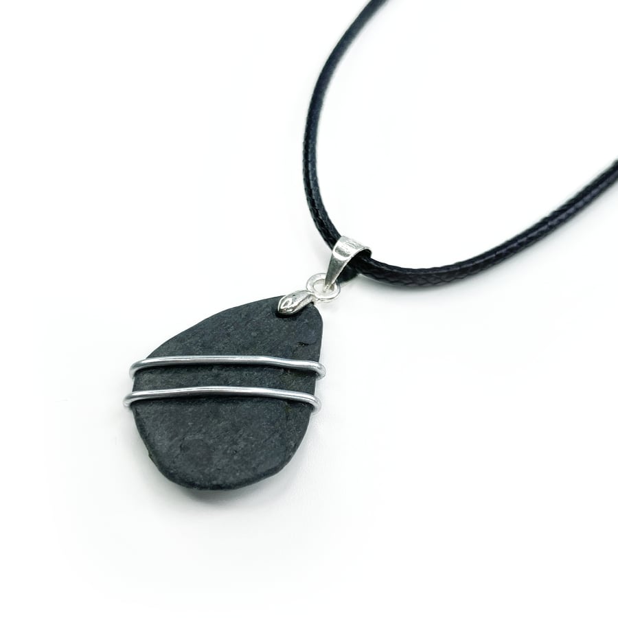 Grey Sea Slate Pendant - Men's or Unisex Handmade Beach Necklace Jewellery