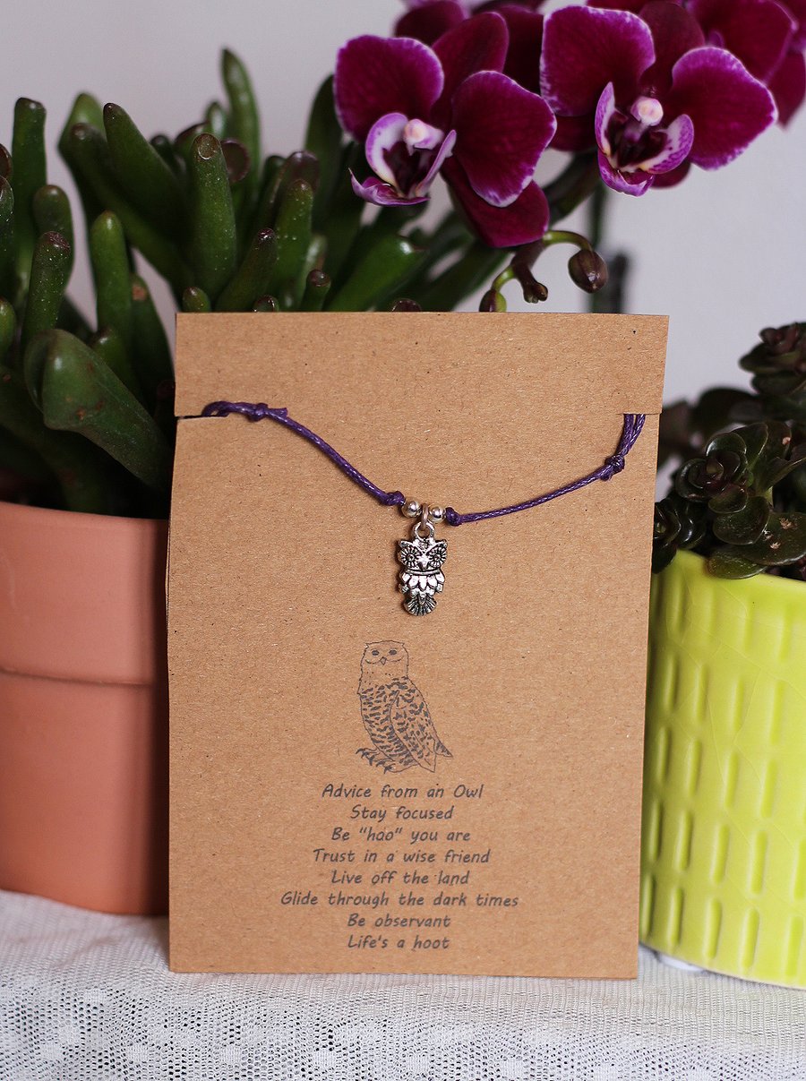 Handmade adjustable cotton cord bracelet with Tibetan silver owl charm