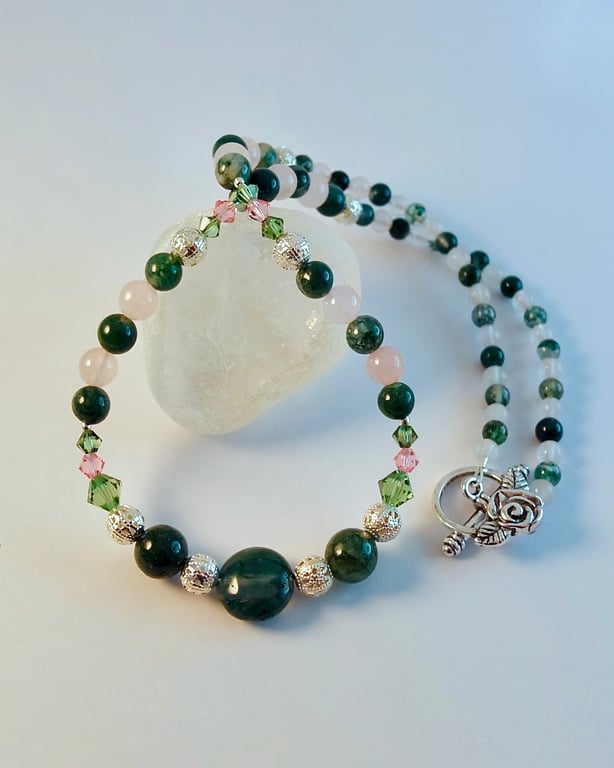 Moss Agate, Rose Quartz & Crystal Necklace, Anniversary, Birthday, Gifts For Her