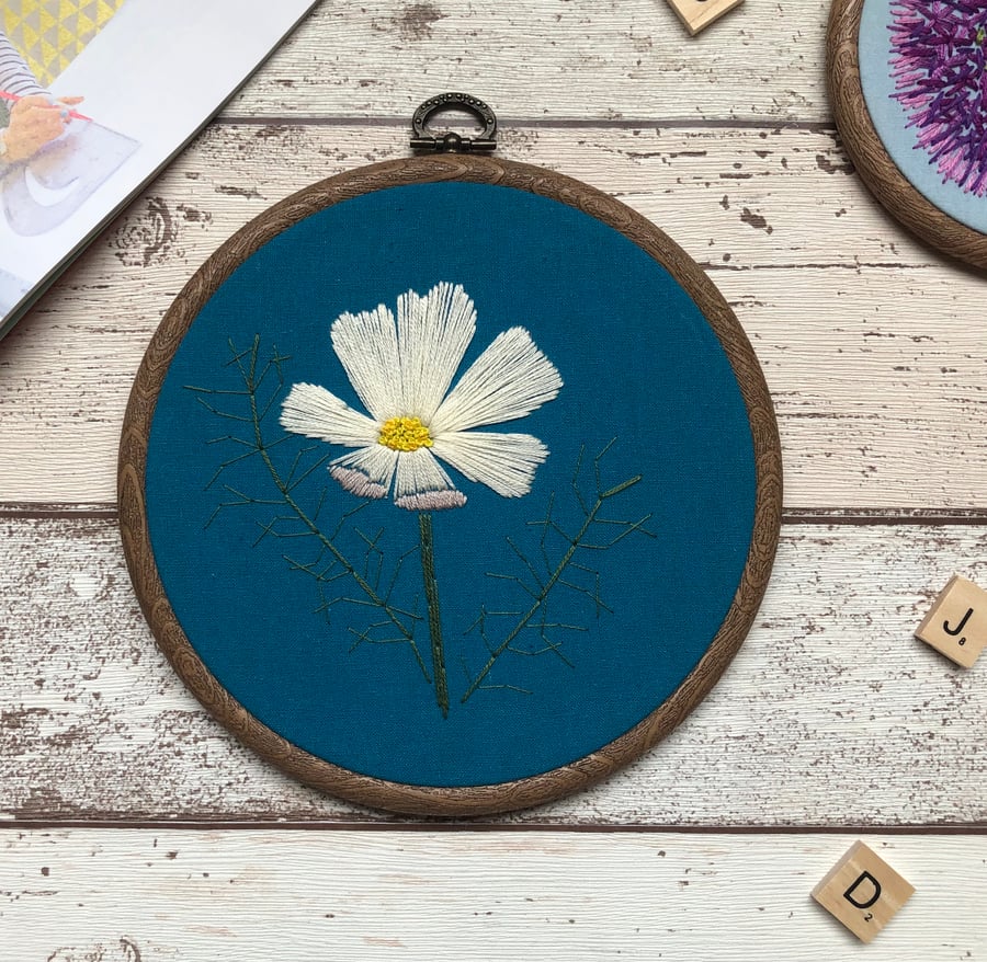 Floral Embroidery Art Hoop, Teal 