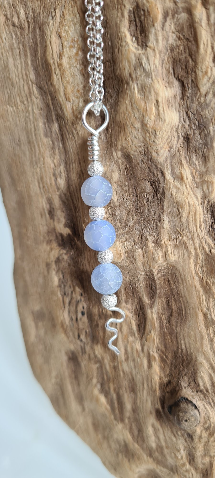 Handmade Light Blue Crackled Agate & 925 Silver Pendant Necklace Chain Gift Box