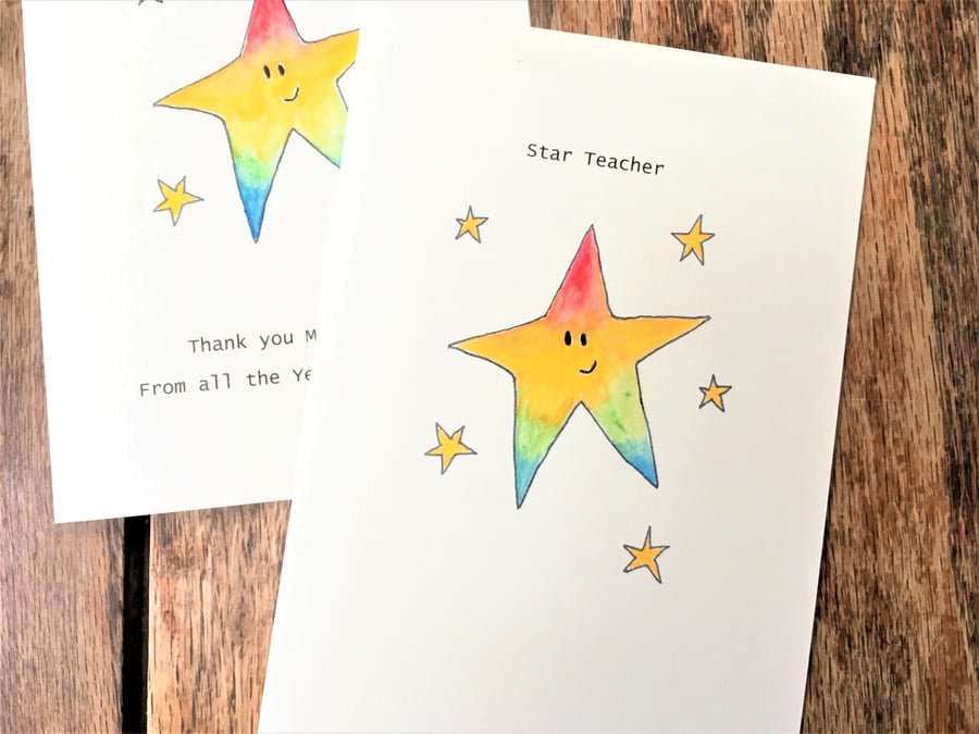 Star Teacher Handmade card, thank you, teacher gift, can personalise, rainbow