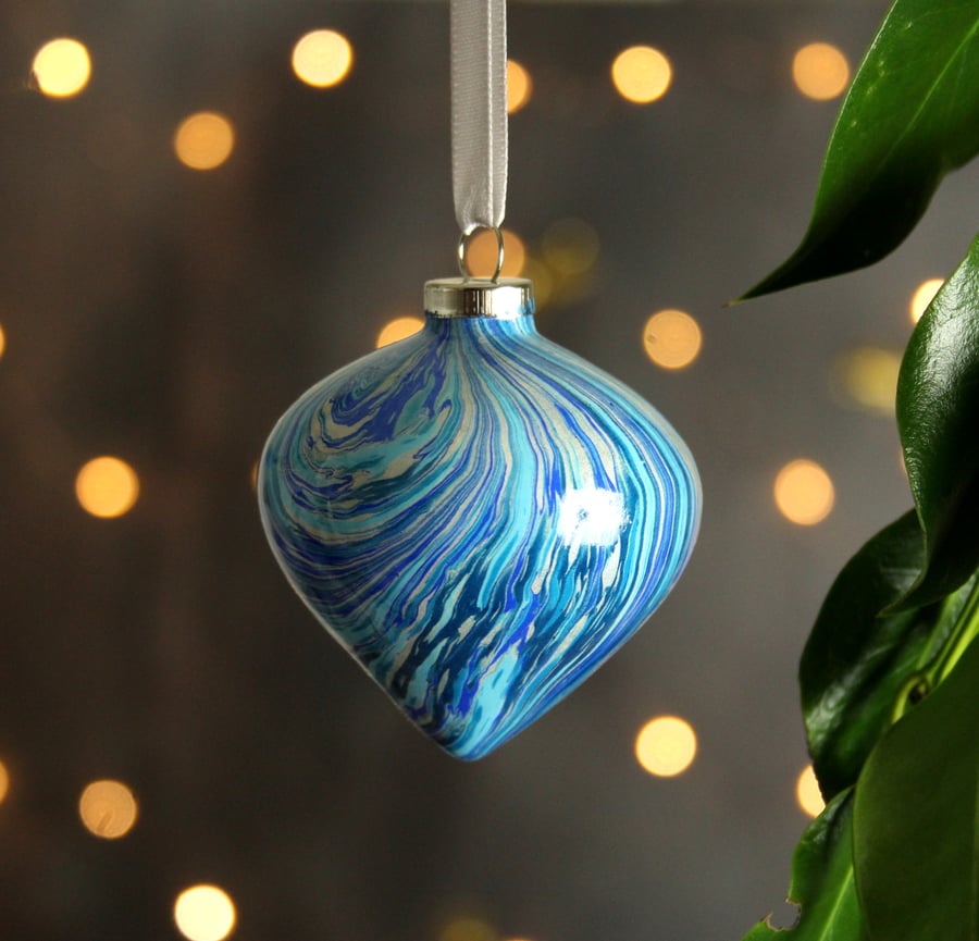 Marbled Christmas decoration ceramic bauble blue silver