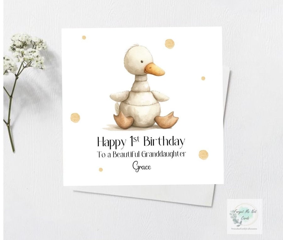 Personalised Duck Birthday Card for 1st Birthday Boy or Girl Handmade Cute Card