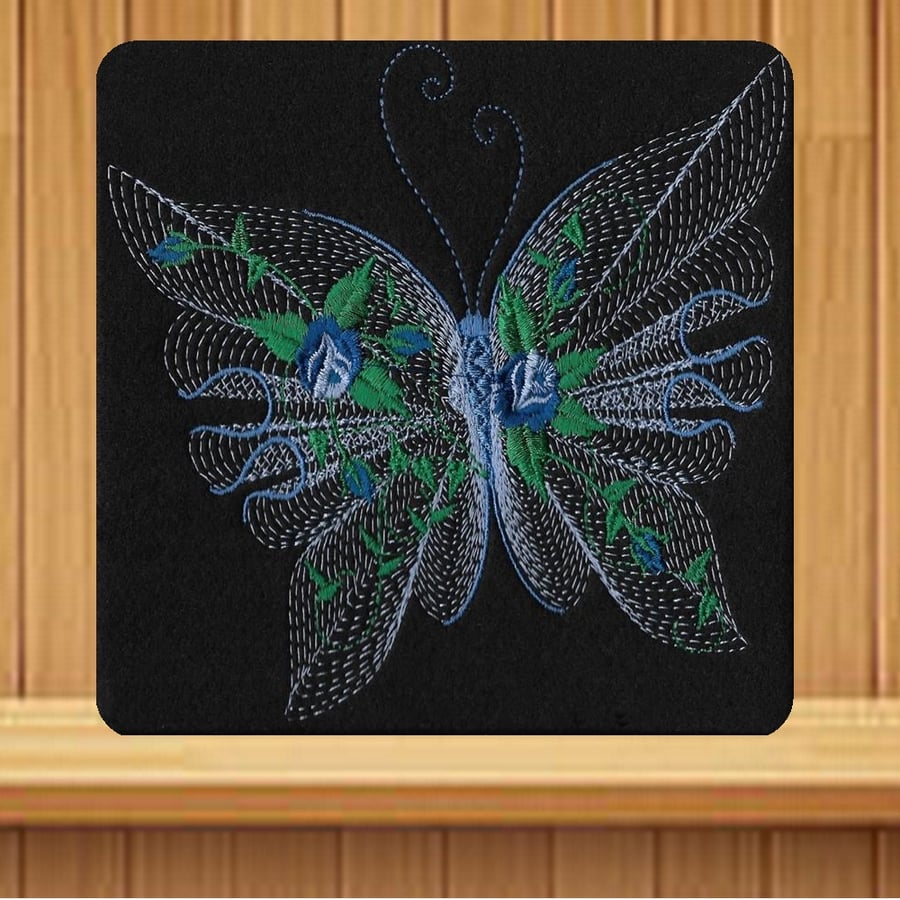 Embroidered Blue Butterfly and flowers embroidered Greetings Card
