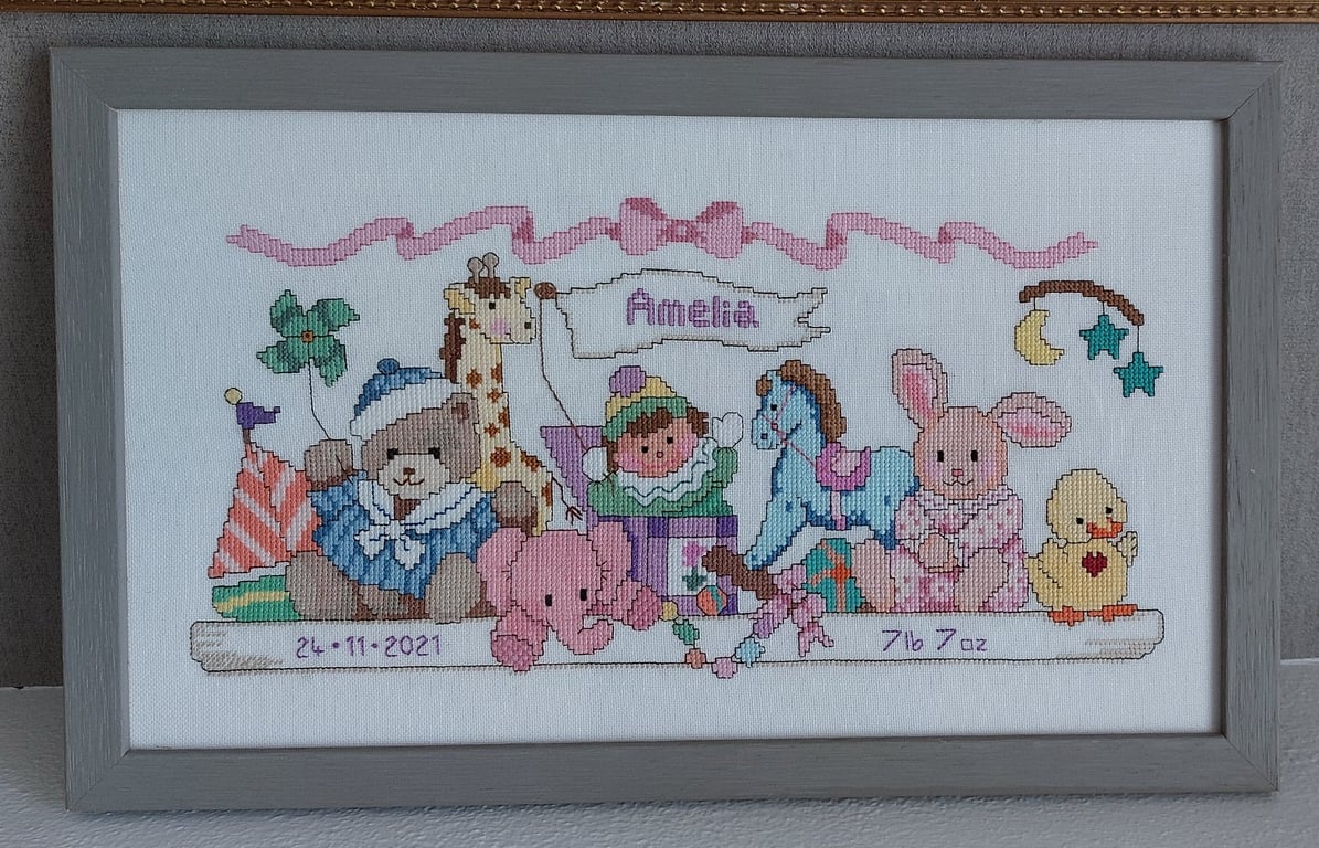Personalised Baby Birth Record Cross Stitch – Pink or Blue New Baby Keepsake