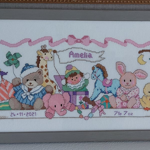 Personalised Baby Birth Record Cross Stitch – Pink or Blue New Baby Keepsake