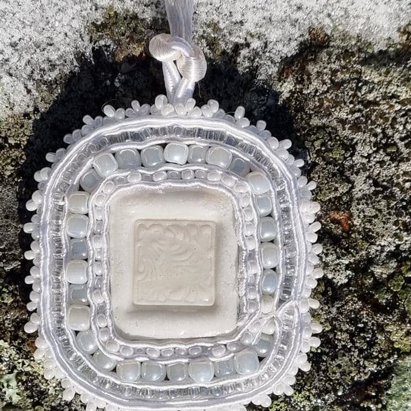 White Floral Pattern Porcelain Pendant