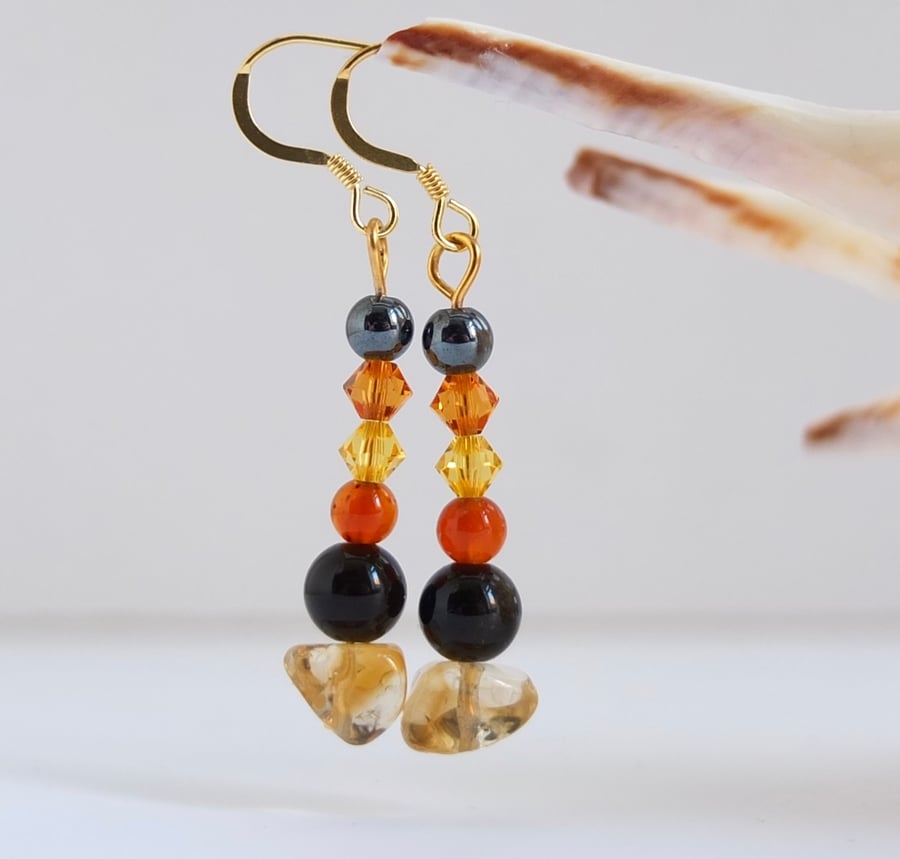 Citrine, Golden Obsidian, Swarovski "Topaz" Crystal & Carnelian Bead Earrings.