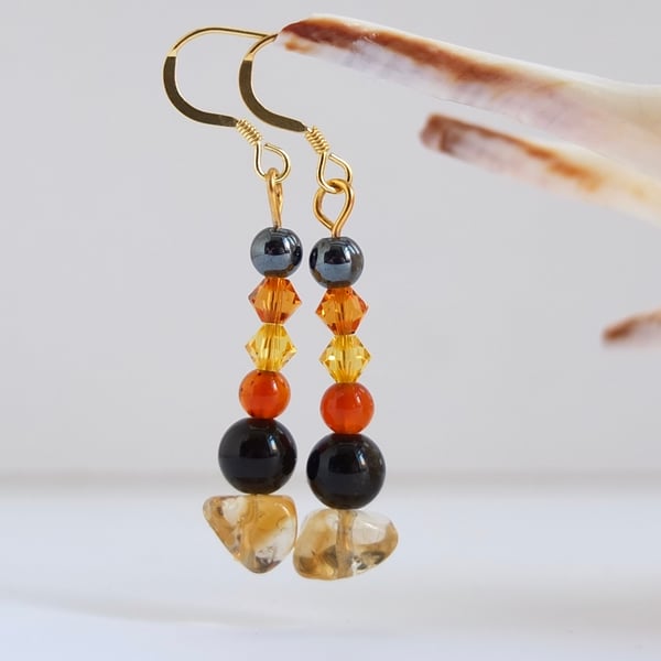 Citrine, Golden Obsidian, Swarovski "Topaz" Crystal & Carnelian Bead Earrings.