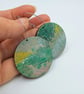 Muted silver, gold and green printed wooden disc earrings - Image 3