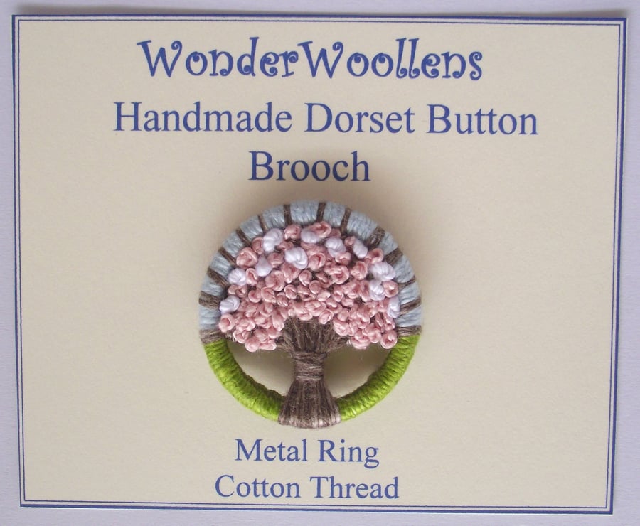 Cherry Blossom, Sakura, Dorset Button Brooch, Green, Pink, Brown, Blue
